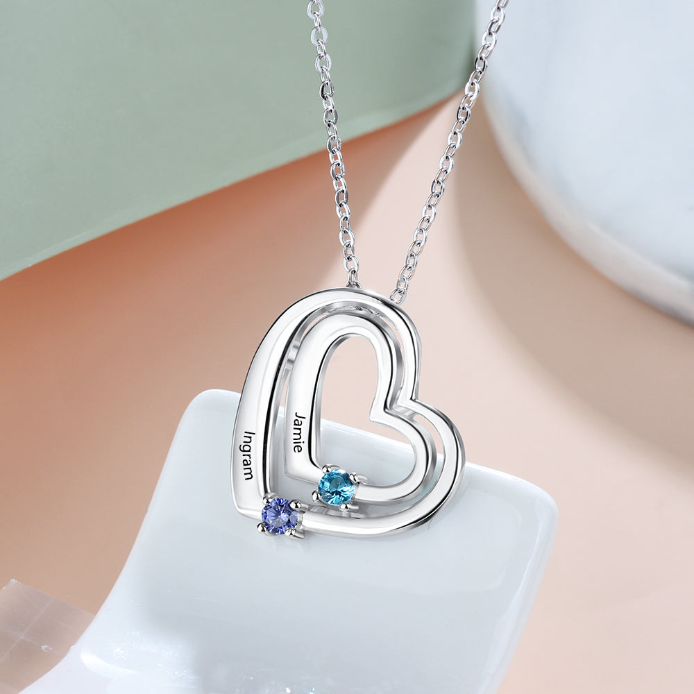 925 Sterling Silver Personalized Name Double Heart Birthstones Pendant Necklace