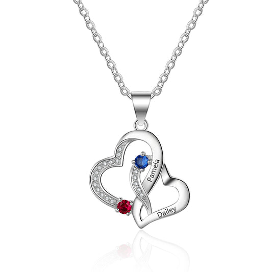 Personalized Double Heart Birthstones Pendant Necklace