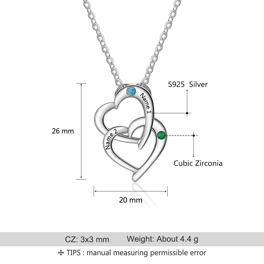 S925 Engraved Names Birthstones Double Heart Pedant Necklace