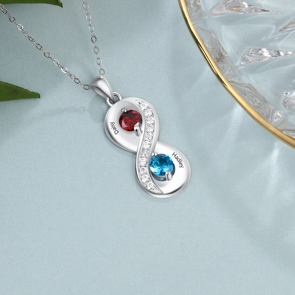 925 Silver Custom Two Names Infinity Necklace with Birthstones