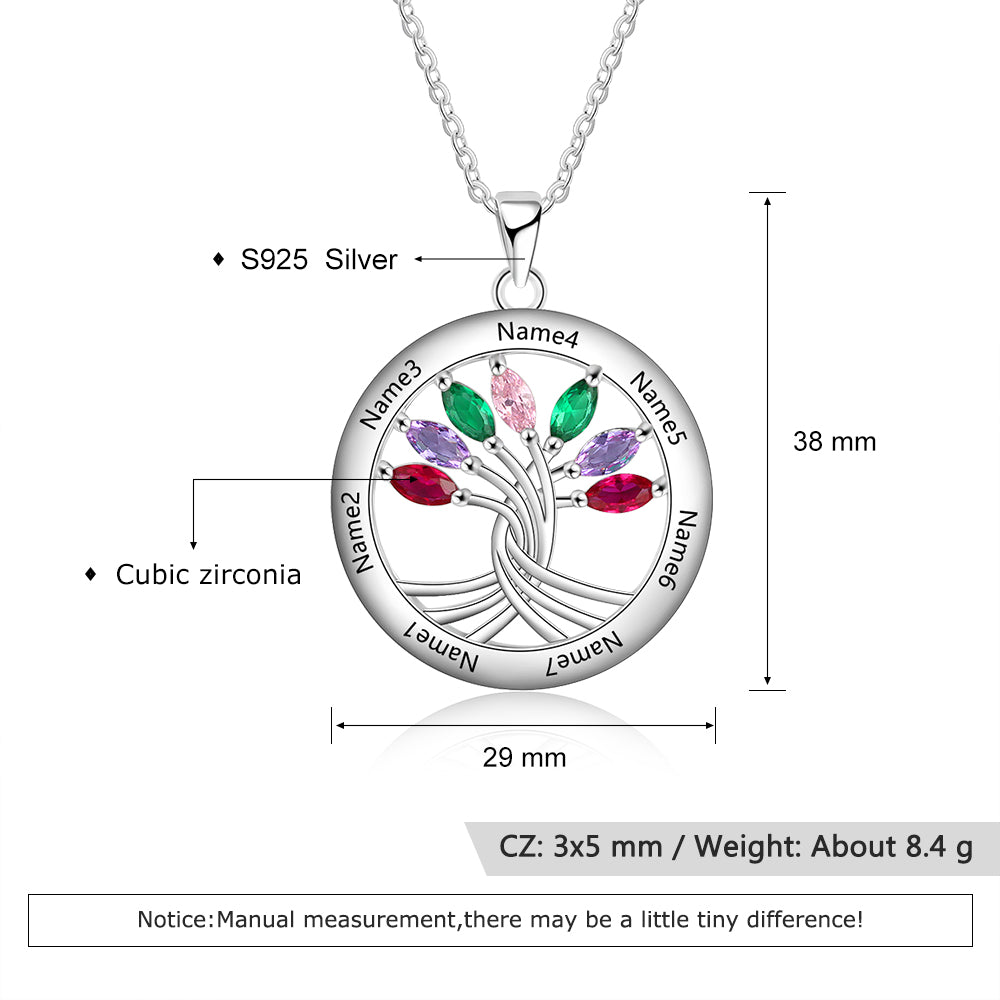 925 Sterling Silver Tree of Life Necklace with Seven Birthstones