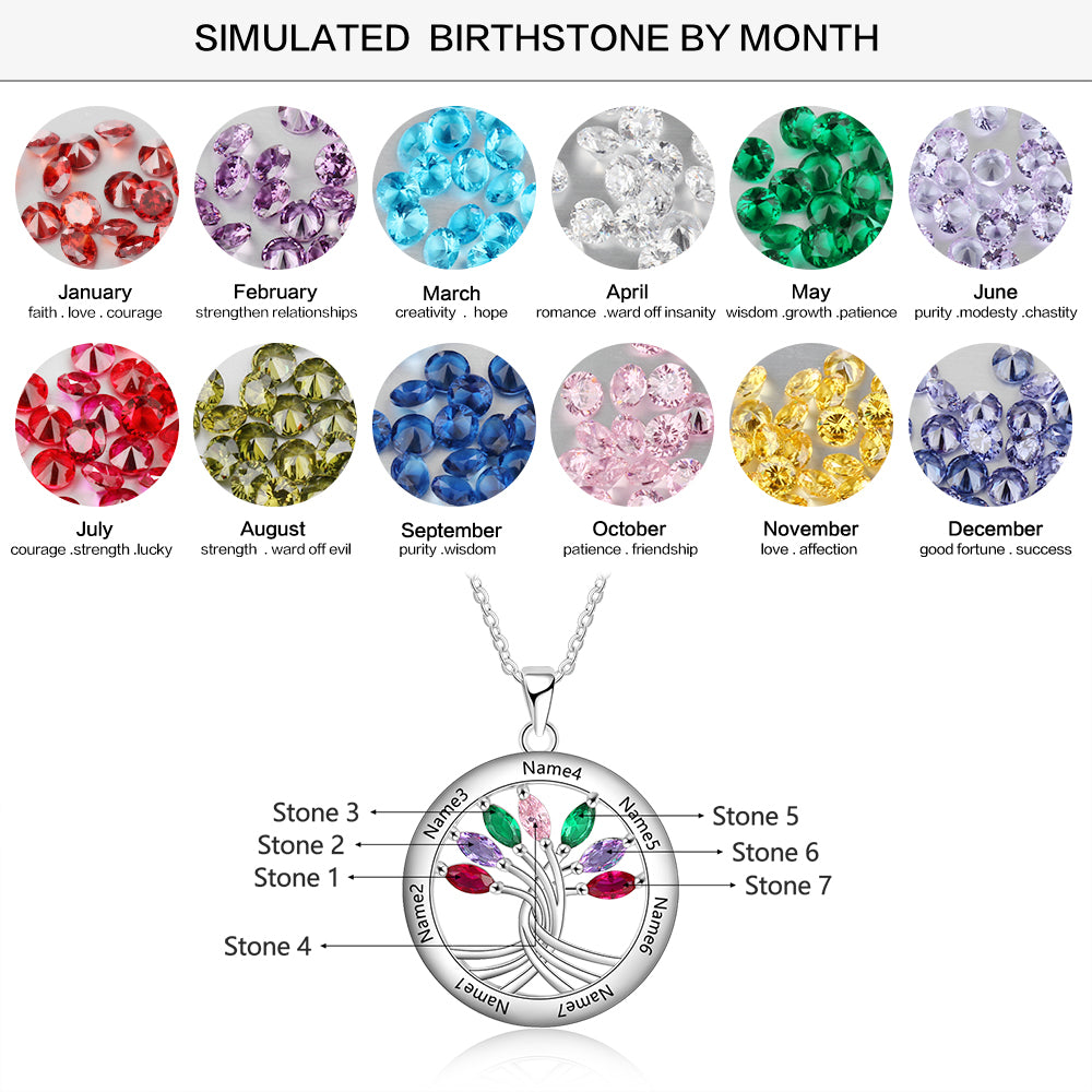 925 Sterling Silver Tree of Life Necklace with Seven Birthstones