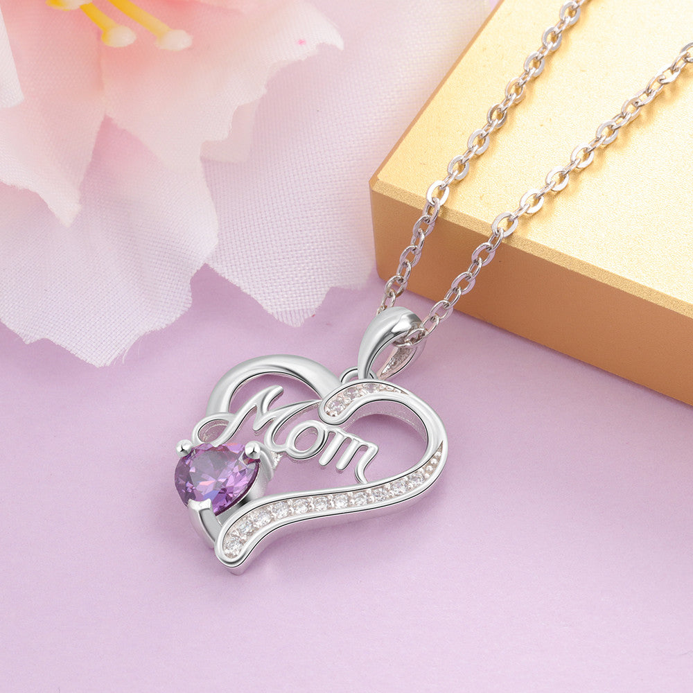 Birthstone Rhodium Plated Mom Necklace