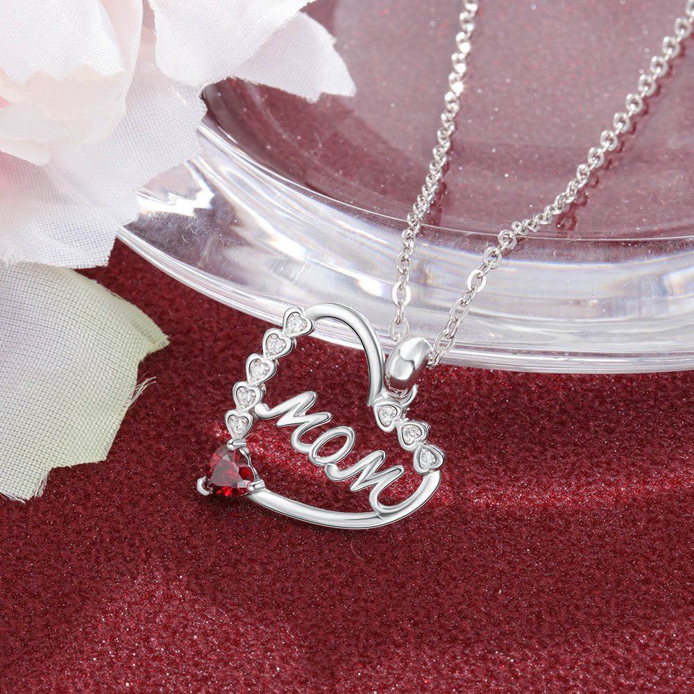 Birthstone Rhodium Plated Heart Shape Mom Necklace