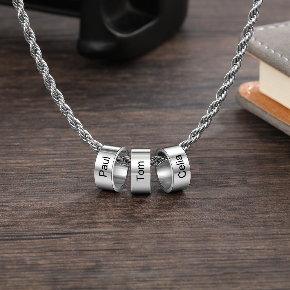 Custom Name Engraving Stainless Steel Charm Bead Necklace