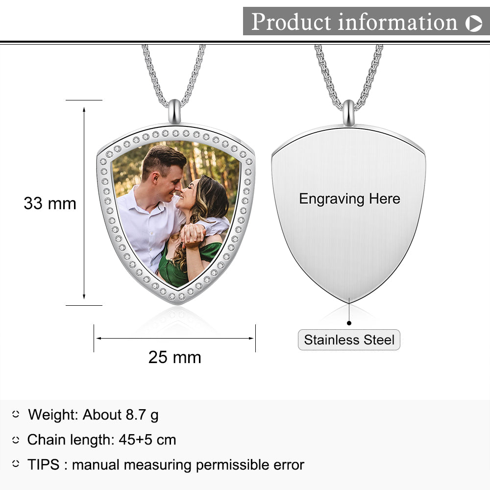 Stainless Steel Shield Personalized Photo Pendant Necklace