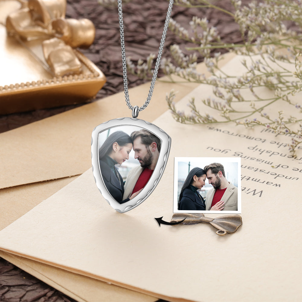 Stainless Steel Personalized Photo Shield Shape Pendant Necklace