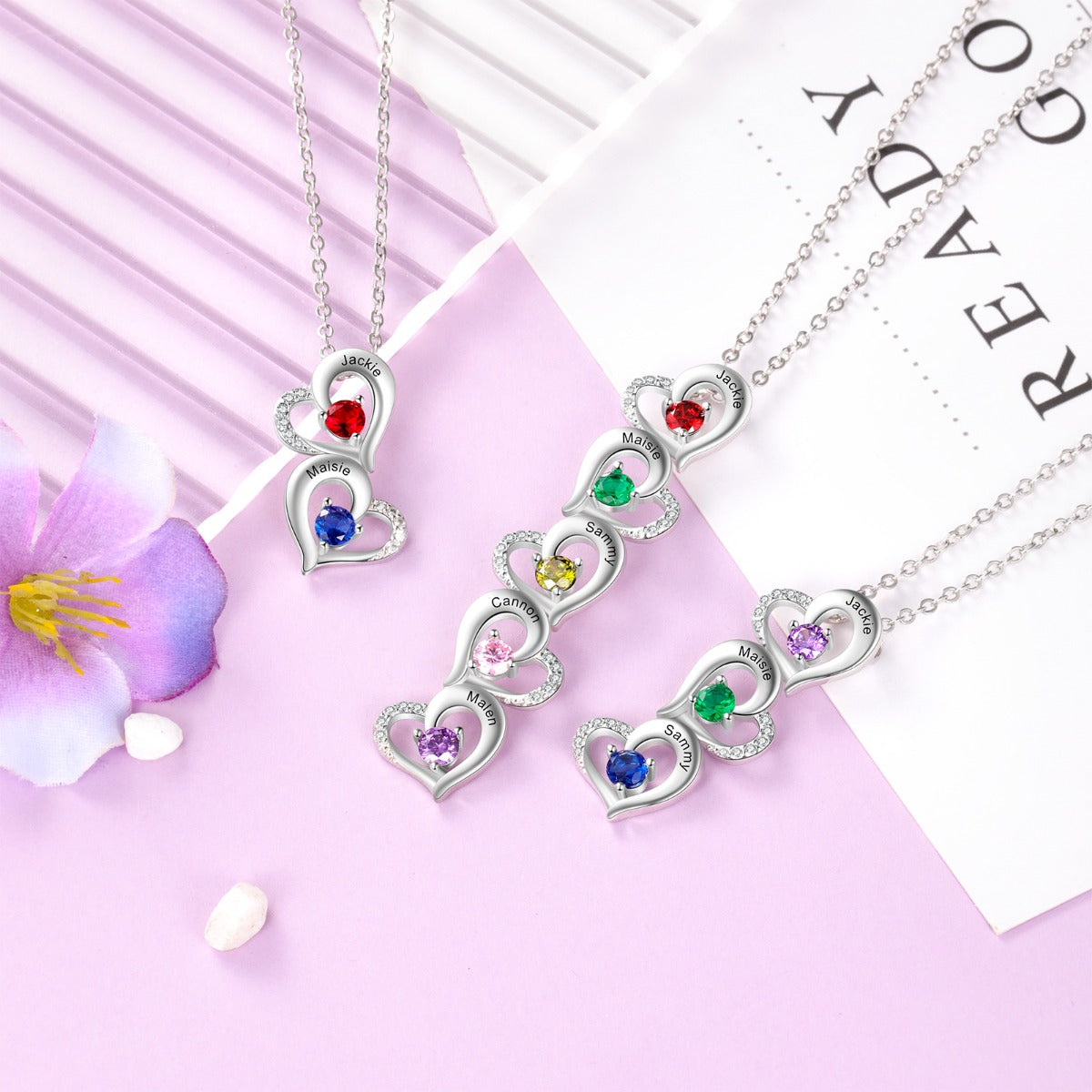 Hearts Pendant Necklace with Birthstones