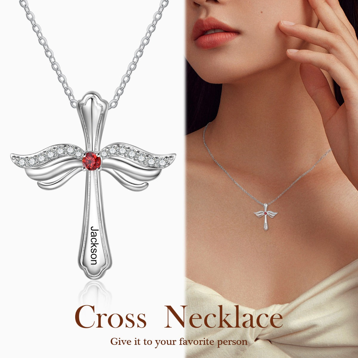 Custom Engraved Rhodium Plated Cross Necklace