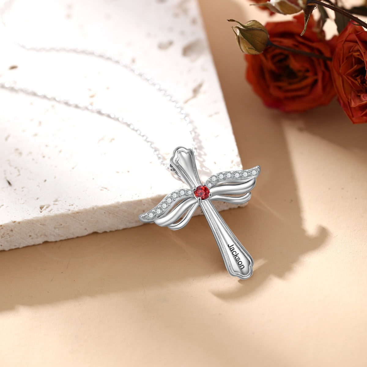 Custom Engraved Rhodium Plated Cross Necklace