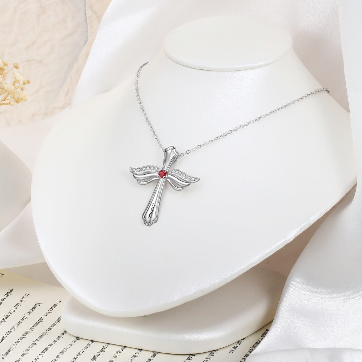 Custom Engraved Rhodium Plated Cross Necklace