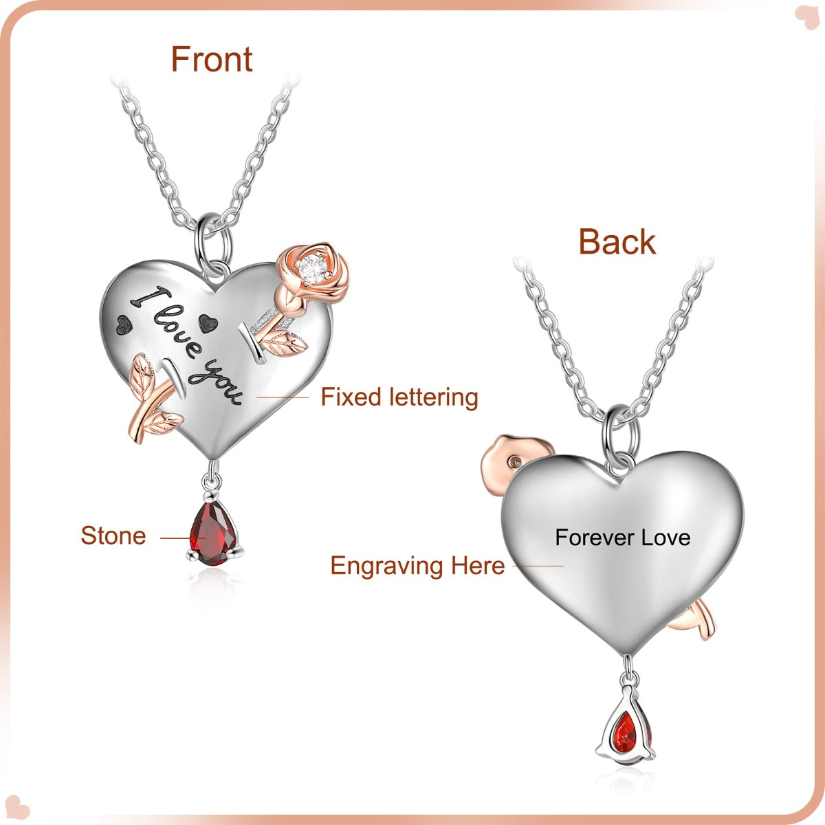 Personalized Rhodium Plated Heart Shape Rose Flower Pendant Necklace