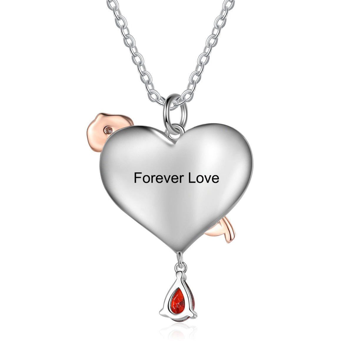 Personalized Rhodium Plated Heart Shape Rose Flower Pendant Necklace
