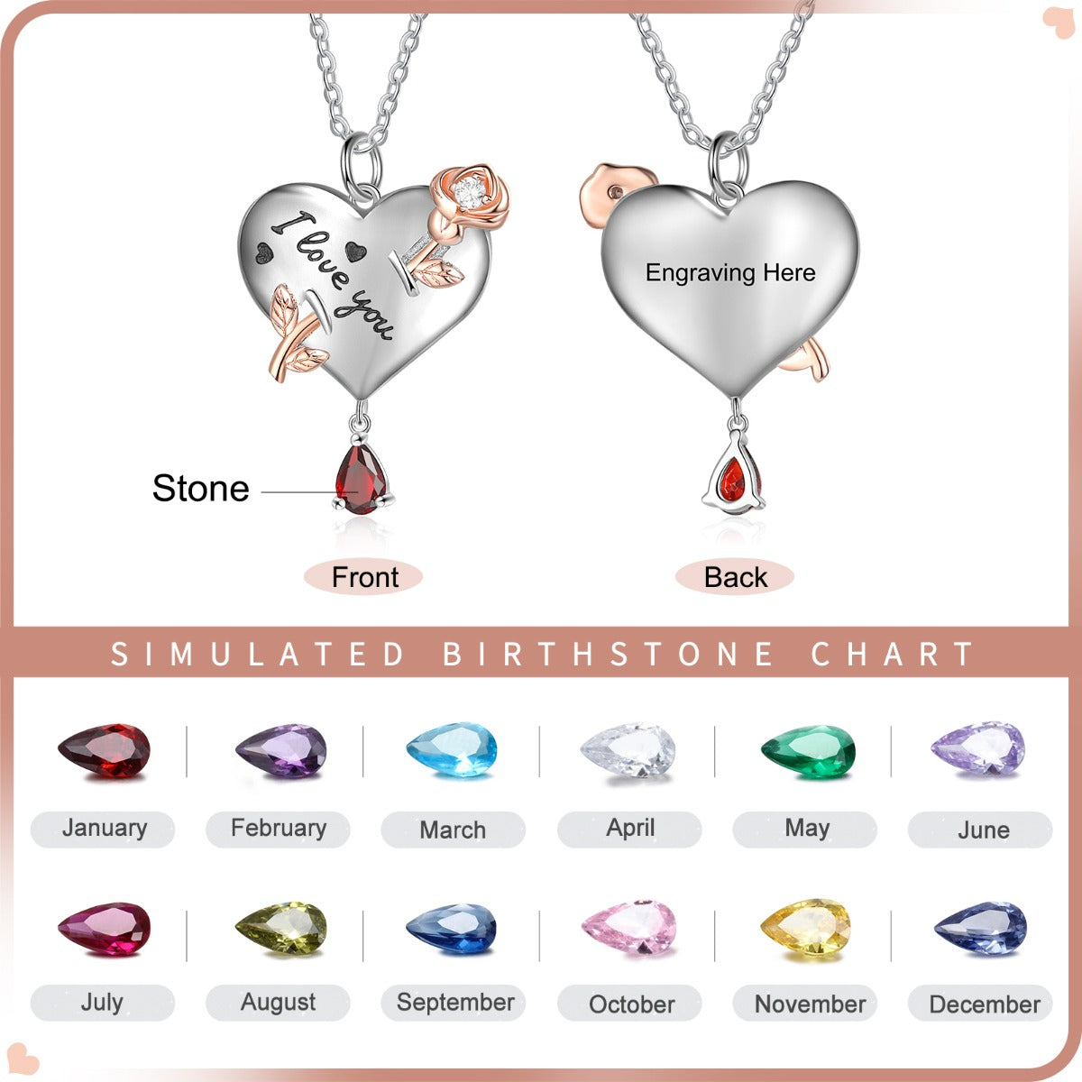 Personalized Rhodium Plated Heart Shape Rose Flower Pendant Necklace
