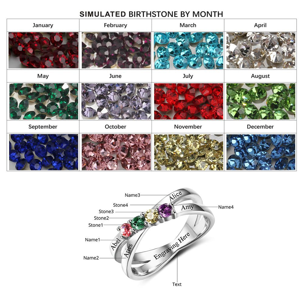 Custom 925 Silver Four Birthstones Rings