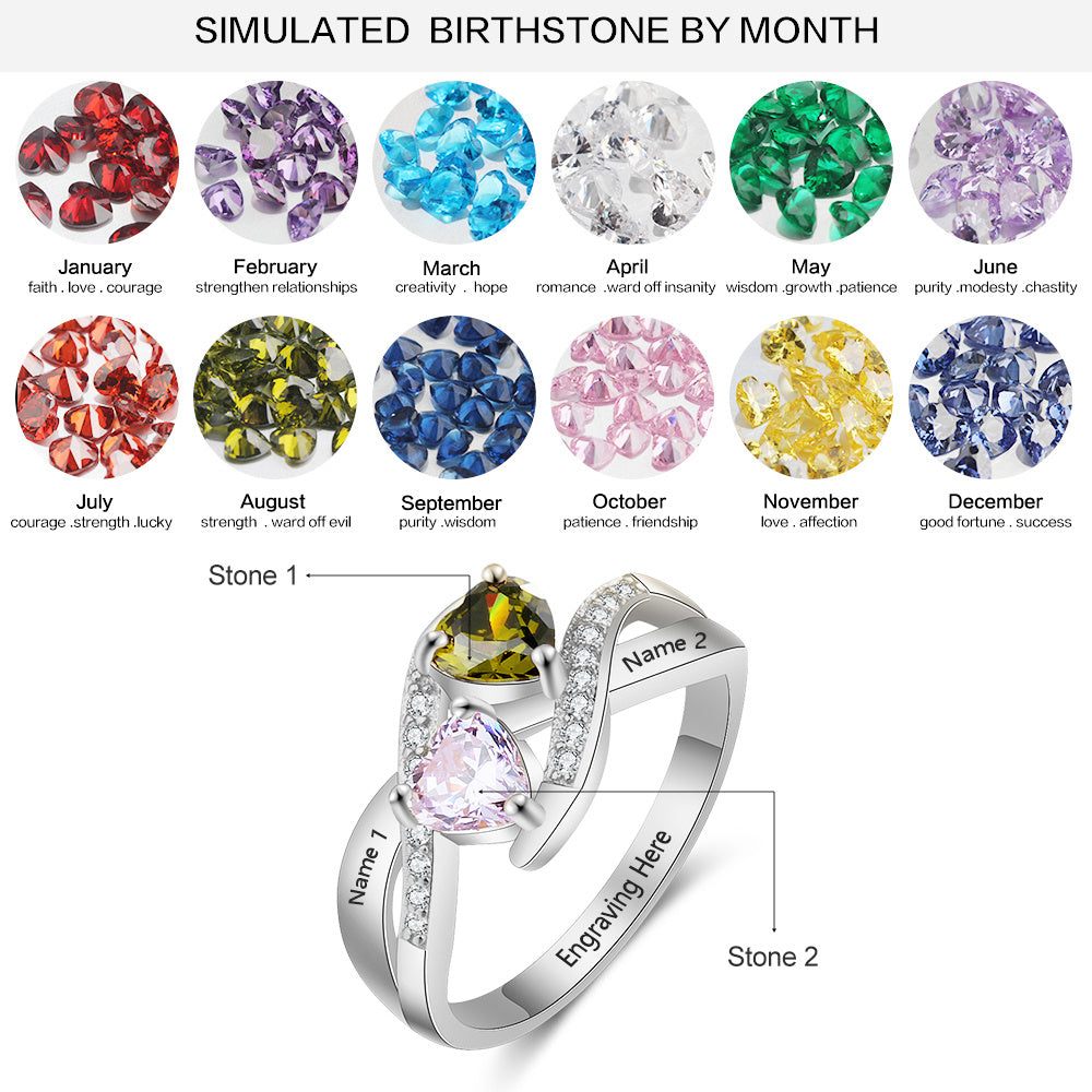 925 Sterling Silver Heart Birthstone Name Rings