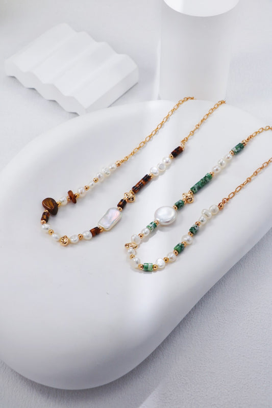 Tiger Eye / Green Dot Stone Pearl Necklace