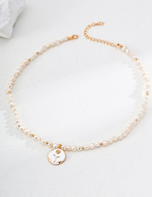 Natural Pearl Drip Glaze Rose Pendant Necklace