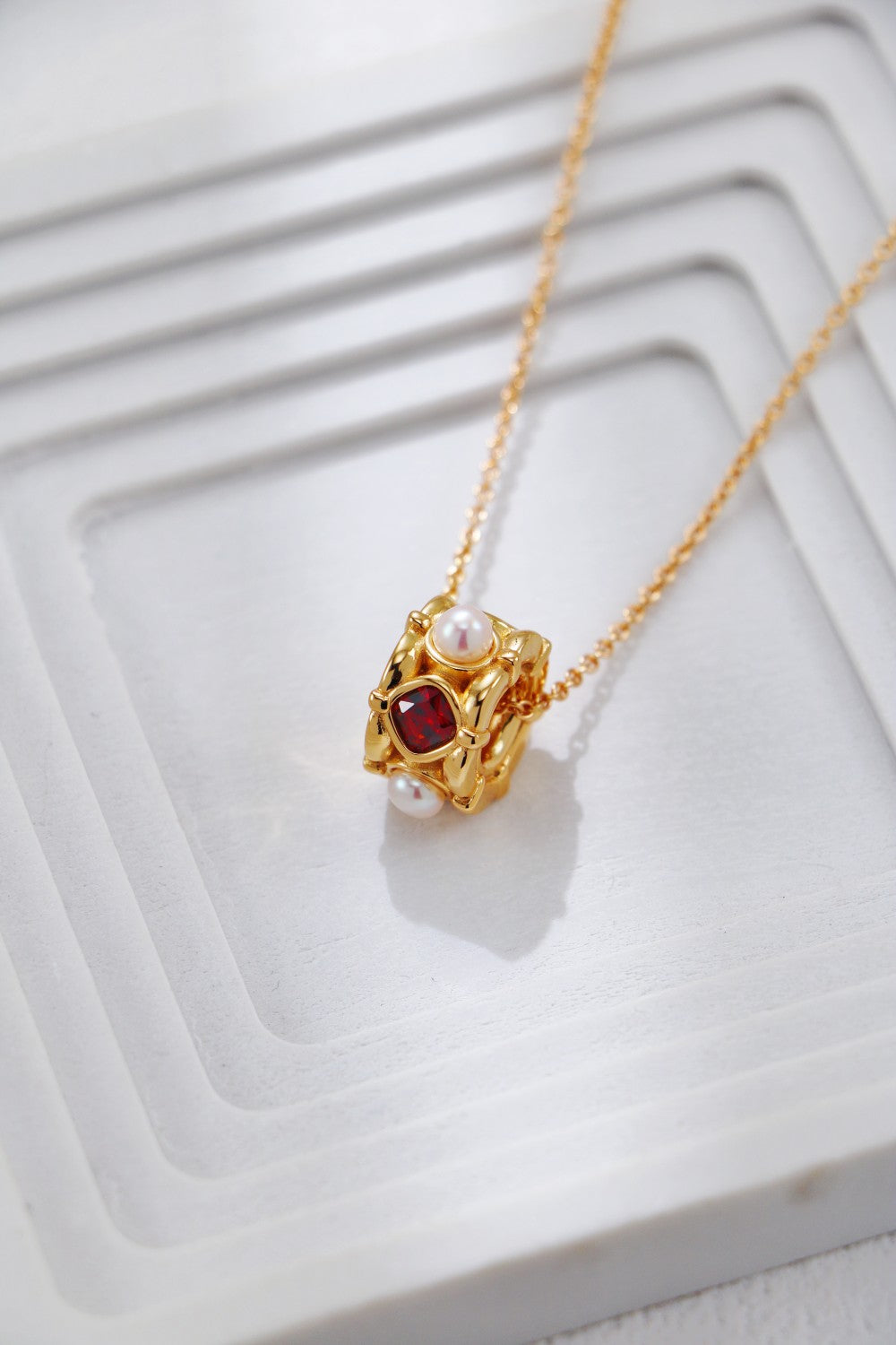 Vintage Style Gold Pearl and Red Zircon Necklace