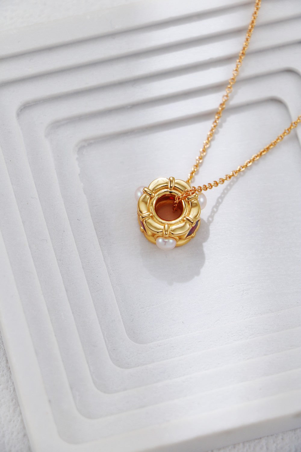 Vintage Style Gold Pearl and Red Zircon Necklace