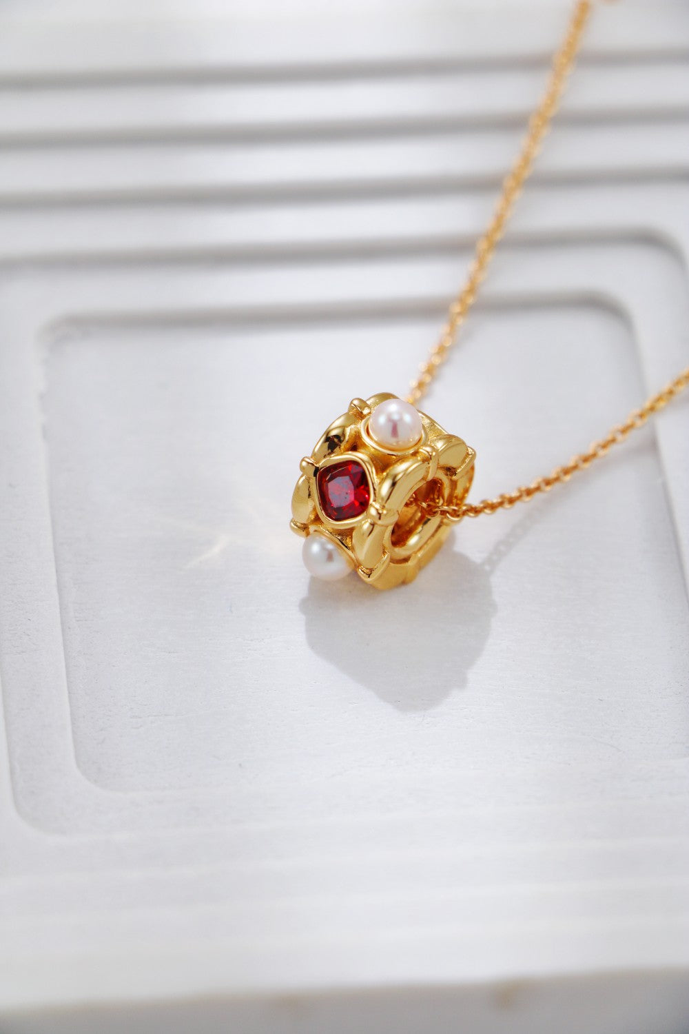 Vintage Style Gold Pearl and Red Zircon Necklace