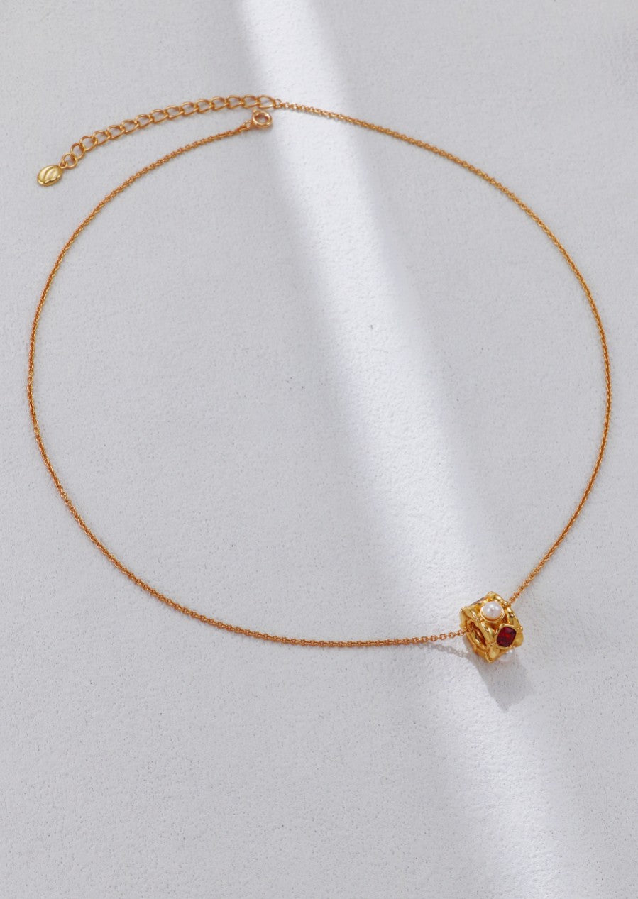 Vintage Style Gold Pearl and Red Zircon Necklace