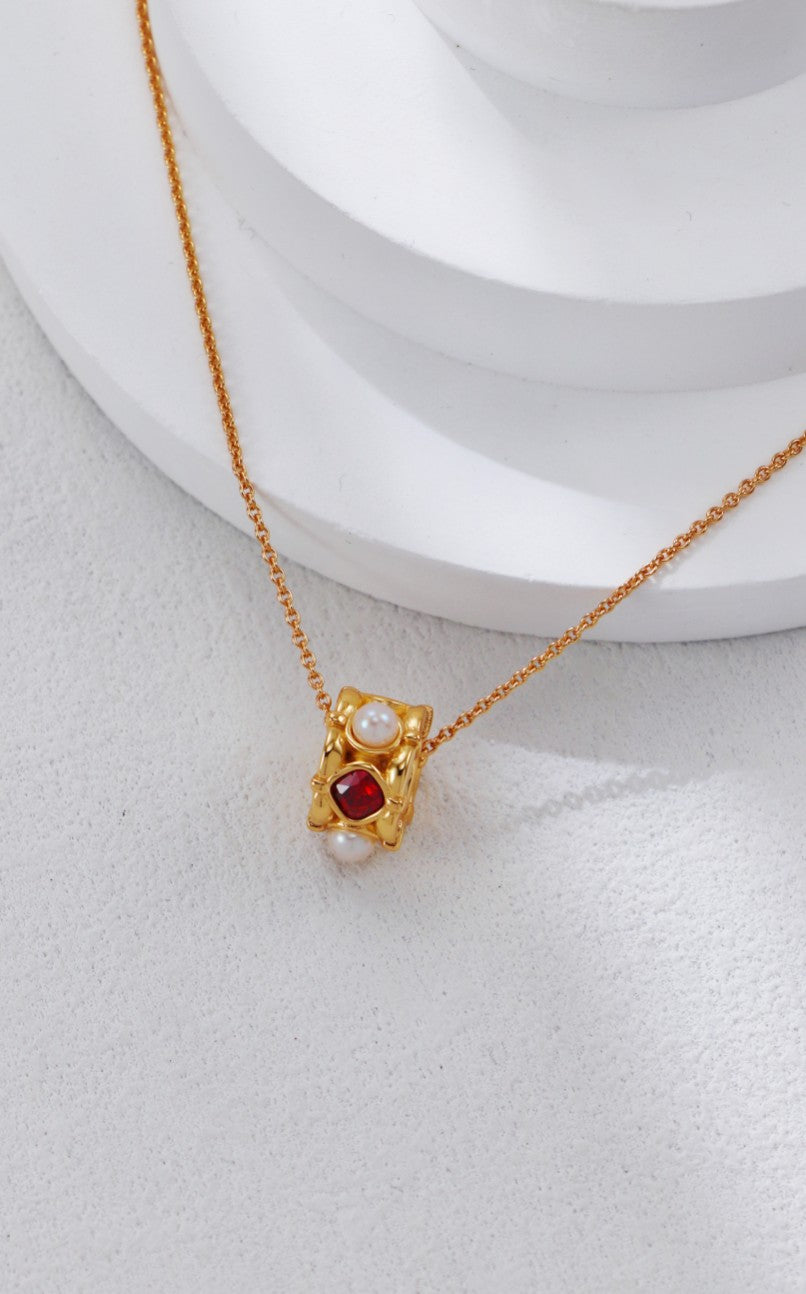 Vintage Style Gold Pearl and Red Zircon Necklace