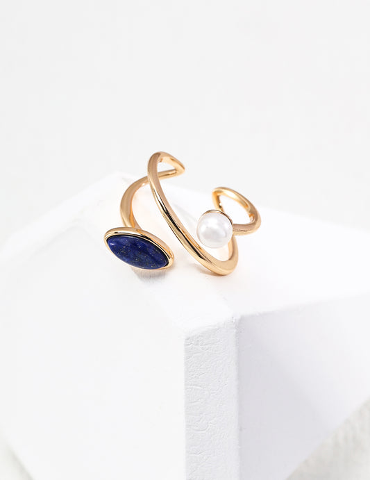 Minimalist Natural Pearl and Lapis Lazuli Ring