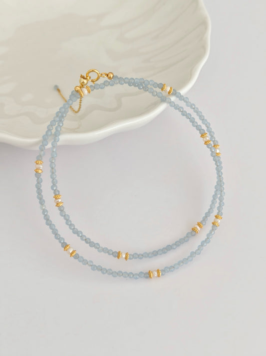 Blue Faceted Cat's Eye Stone Pearl Necklace