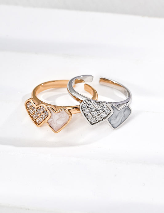 Double Heart Enamel & Zircon Ring