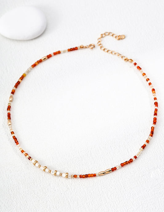 Red Agate & White Pearl Necklace