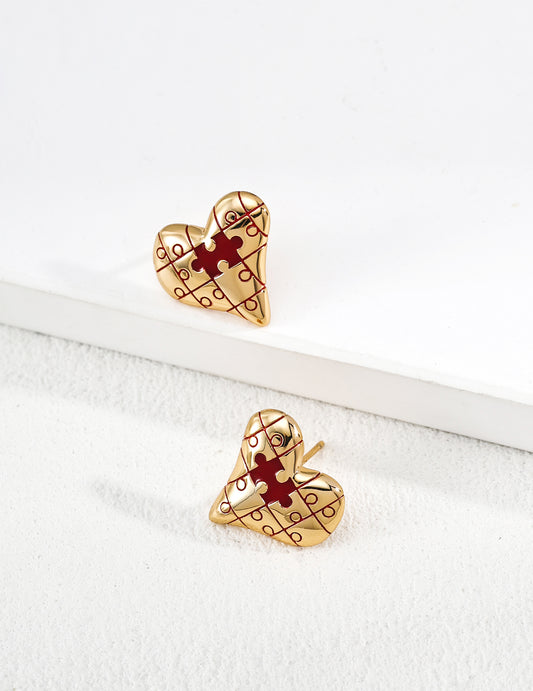 Puzzle Heart Love Stud Earrings