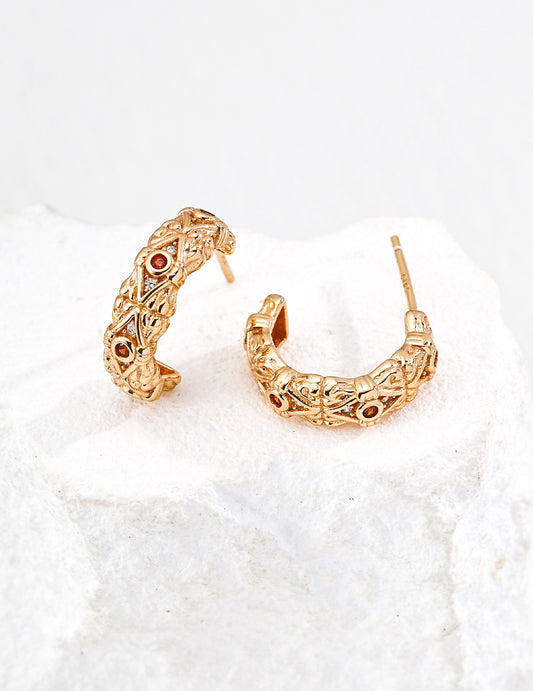 Vintage Rock-Texture Red Zircon Hoop Earrings