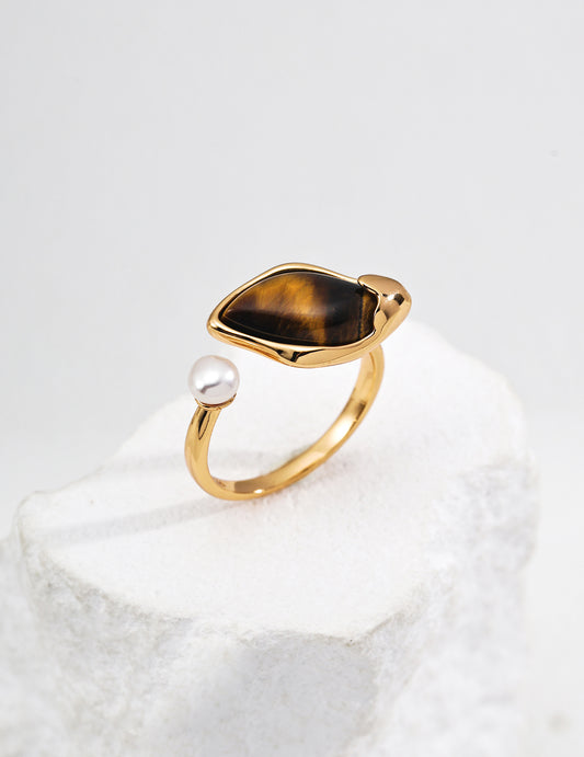 Tiger Eye Leaf & Pearl Dewdrop Open Ring