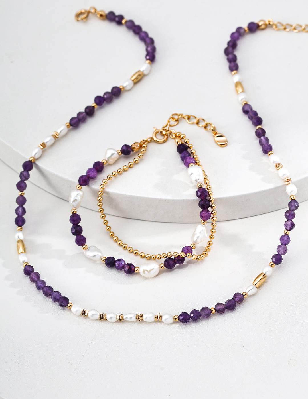 Amethyst & Natural Pearl Double-Layer Bracelet