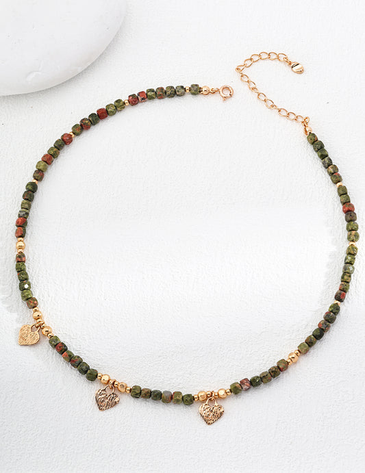 Shoushan Stone Beaded Heart Charm Necklace