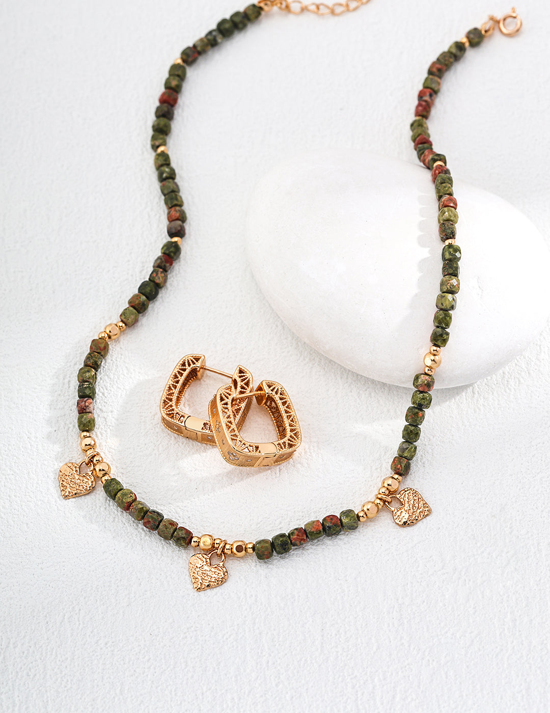 Shoushan Stone Beaded Heart Charm Necklace