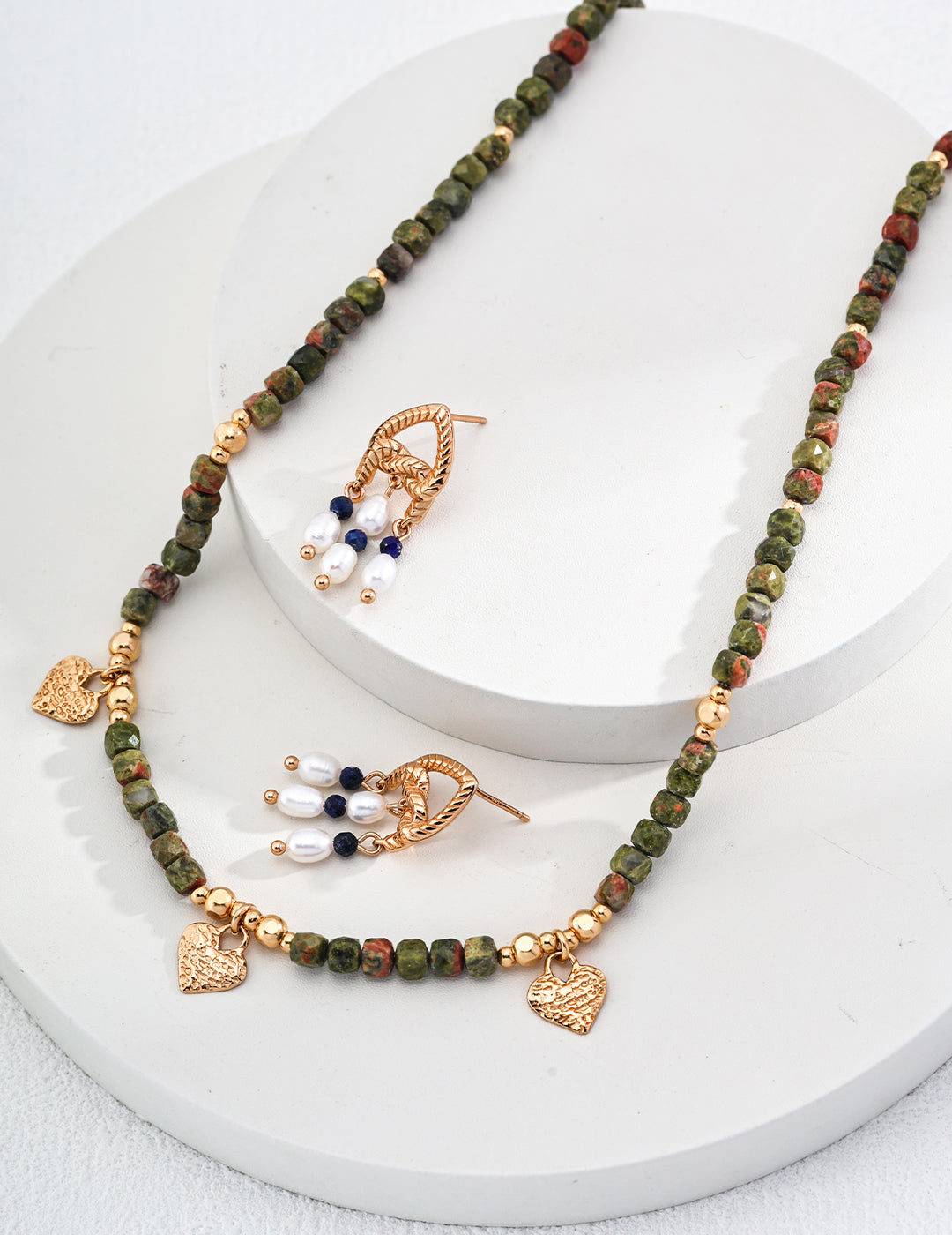 Shoushan Stone Beaded Heart Charm Necklace