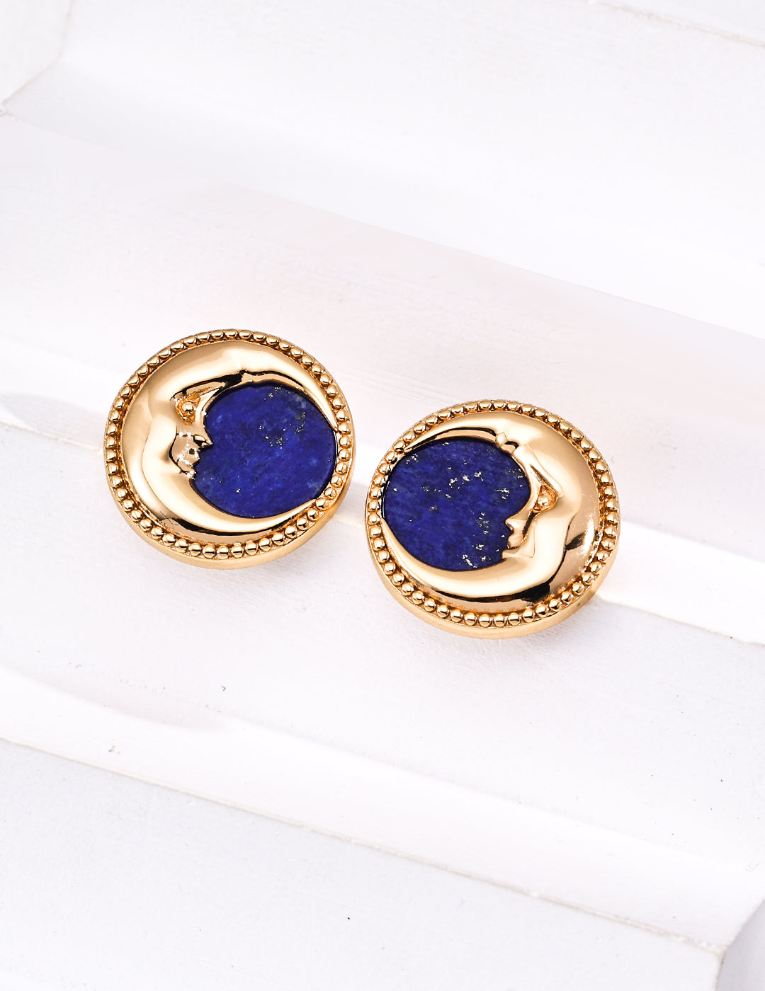 Vintage Lapis Lazuli Moon Face Stud Earrings