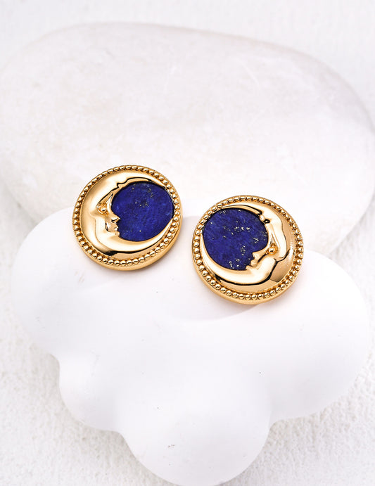 Vintage Lapis Lazuli Moon Face Stud Earrings