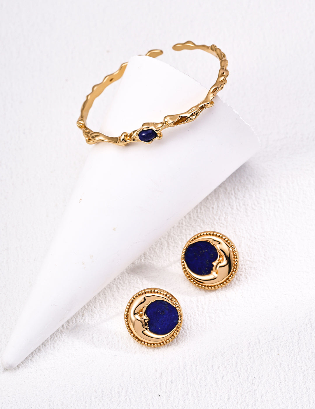 Vintage Lapis Lazuli Moon Face Stud Earrings