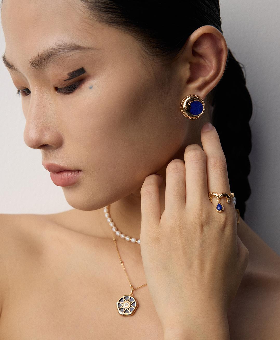 Vintage Lapis Lazuli Moon Face Stud Earrings