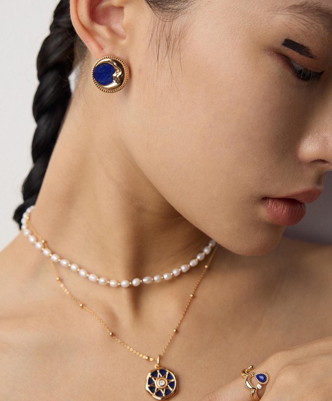 Vintage Lapis Lazuli Moon Face Stud Earrings