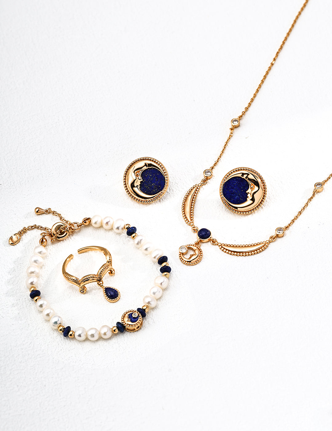 Vintage Lapis Lazuli Moon Face Stud Earrings