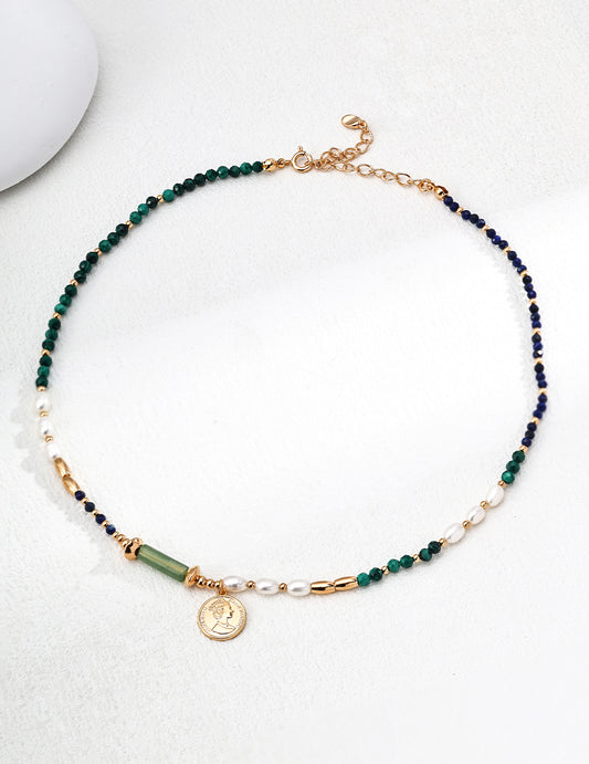 Pearl Malachite Lapis Queen Pendant Necklace