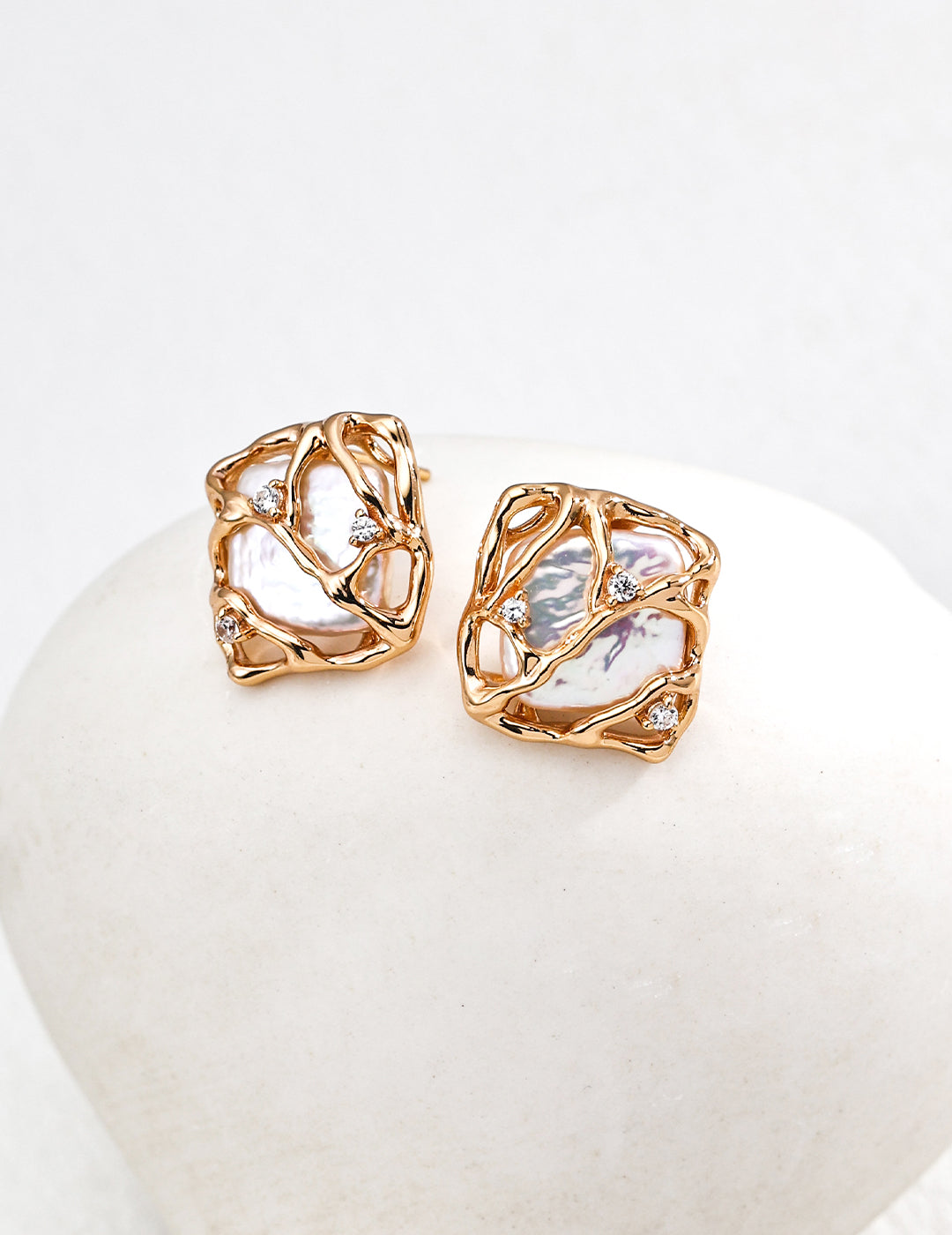 Sculptural Pearl Zircon Stud Earrings