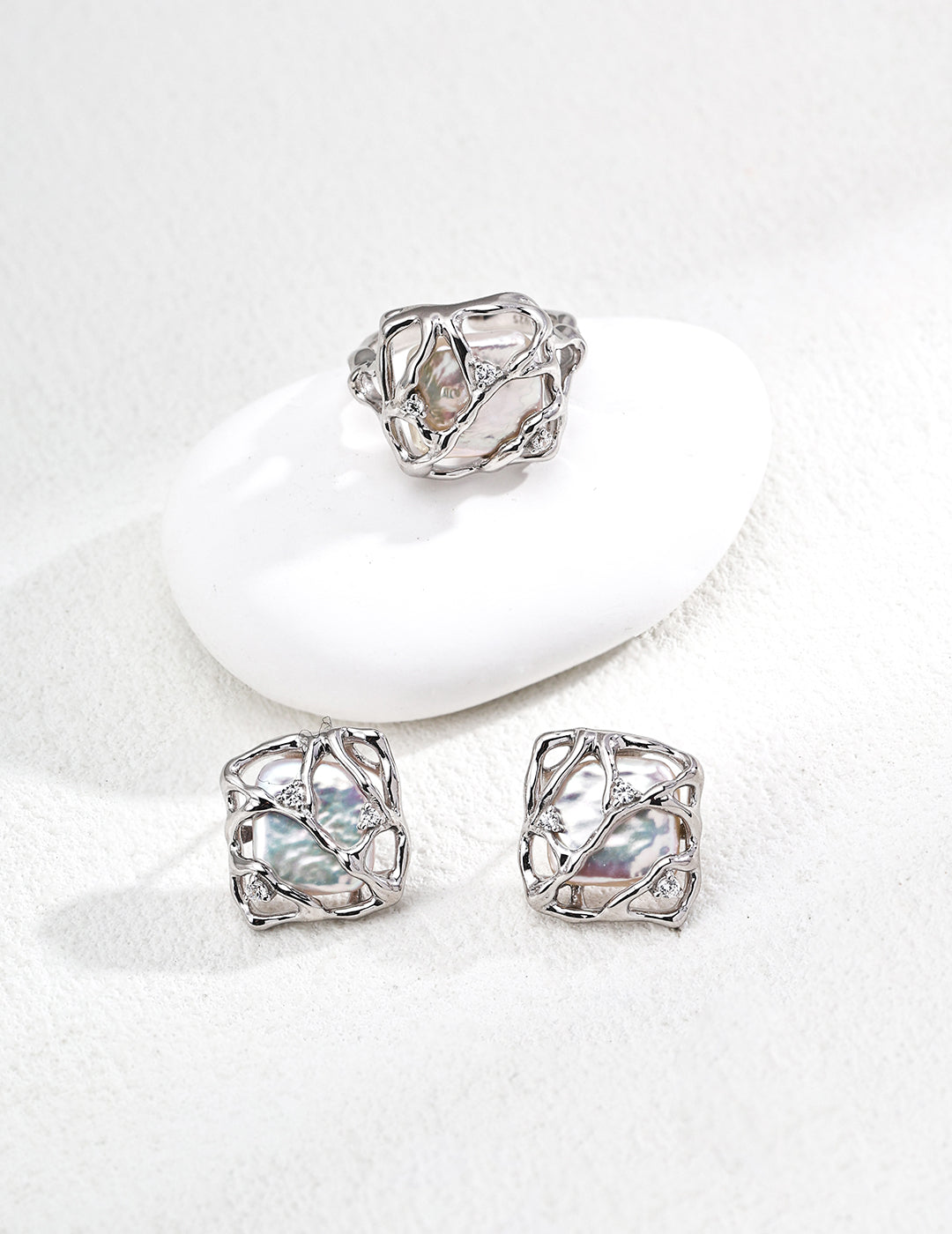 Sculptural Pearl Zircon Stud Earrings