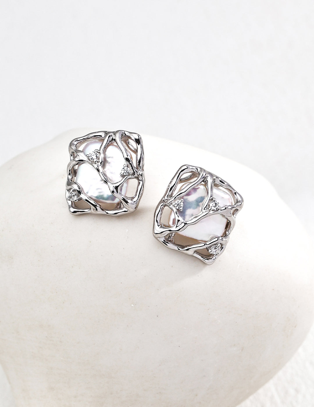 Sculptural Pearl Zircon Stud Earrings