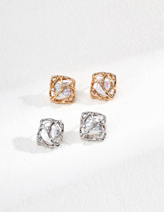 Sculptural Pearl Zircon Stud Earrings