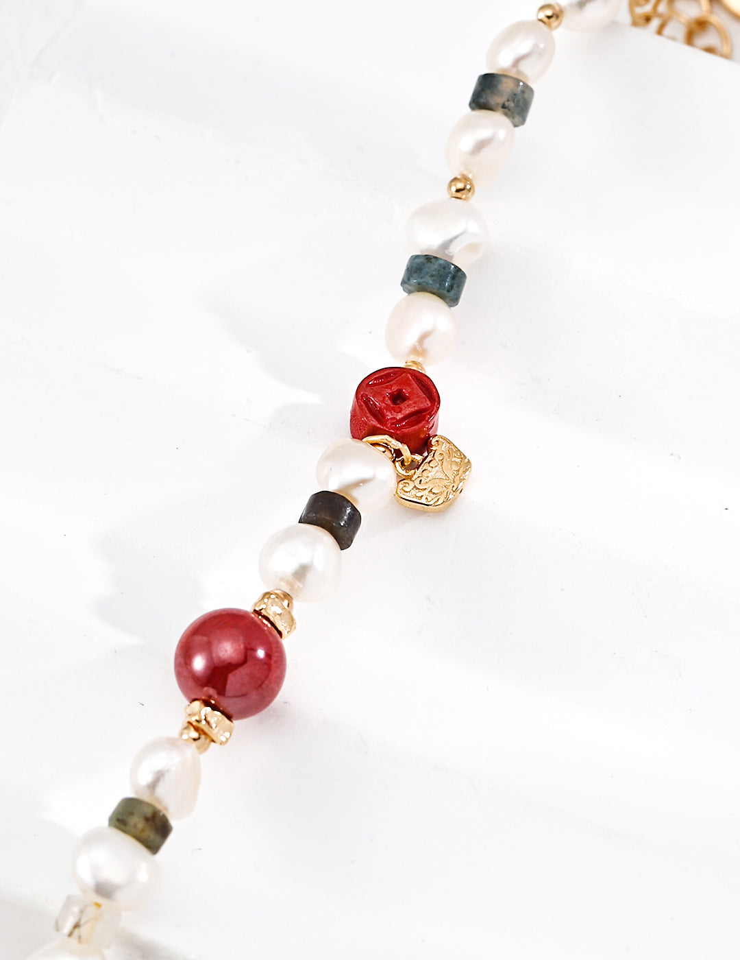 Moss Agate and Freshwater Pearl Charm Bracelet